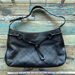 Gucci Handbag - black leather and fabric texture. Brass features.